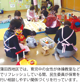 蒲田西地区では、育児中の女性が体操教室などでリフレッシュしている間、民生委員が保育を行い相談しやすい関係づくりを行っています。