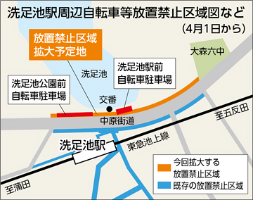 洗足池駅周辺自転車等放置禁止区域図など（4月1日 ）