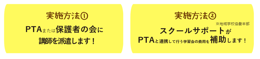 実施方法（1）PTAまたは保護者の会向け講師派遣制度。PTAまたは保護者の会が企画・運営する家庭教育学習会について、教育委員会から講師へ謝礼を支払う形式による講師派遣制度です。実施方法（2）コミュニティスクール設置校のスクールサポート向け補助金制度。コミュニティスクールを設置している大田区立小中学校の地域学校協働本部がPTAと連携して実施する家庭教育学習会の運営に要する費用を補助する制度です。