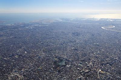 画像：洗足池を手前に大田区全域を含むエリア(平成26年度)