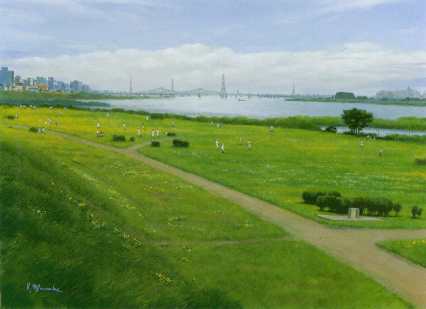 絵画：六郷橋緑地と多摩川